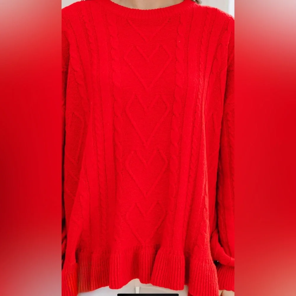 Red Ruffle Cable-Knit Sweater | Crew Neck | S | New | Mint Julep Boutique - Picture 6 of 10